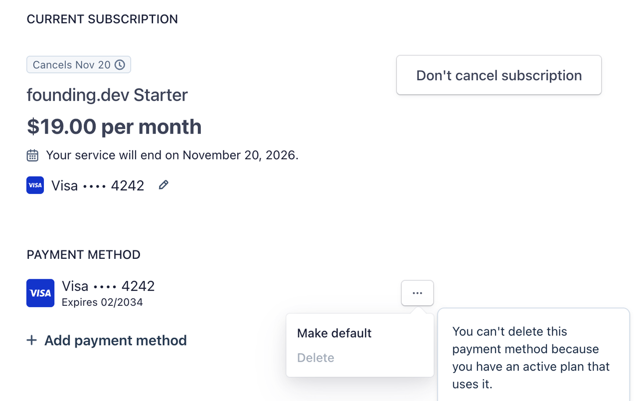 The ⋯ menu with Delete greyed out and the message explaining the card is used by an active plan