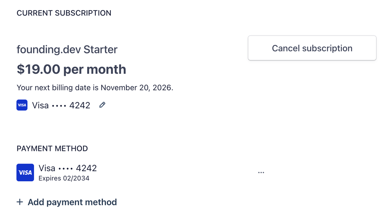 The Stripe billing page: your subscription, then Payment method with the ⋯ menu next to the card