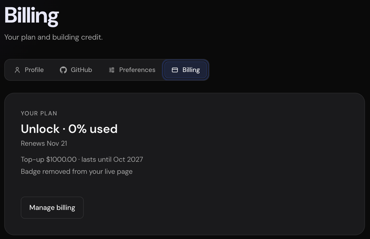 The Billing tab in Settings, showing your plan and the Manage billing button