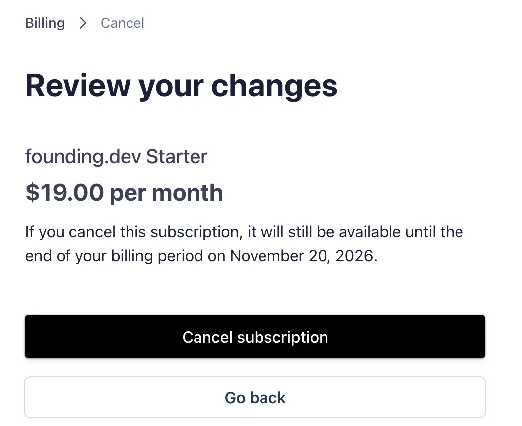 The Cancel subscription review step, saying the plan stays available until the end of the billing period