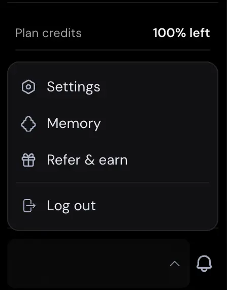 The account menu in the bottom-left corner, with Settings at the top