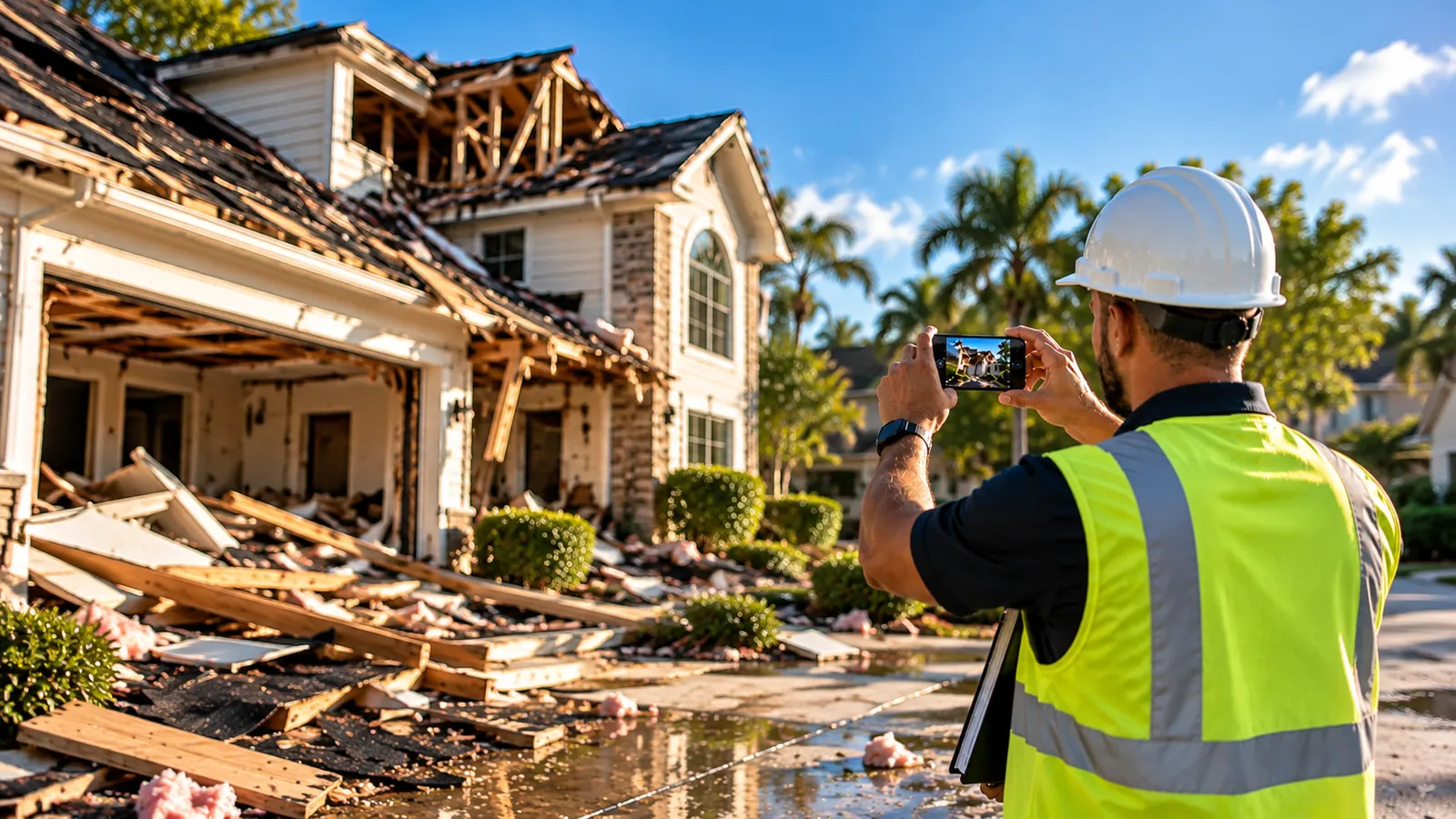 Public adjuster documenting property damage in the field