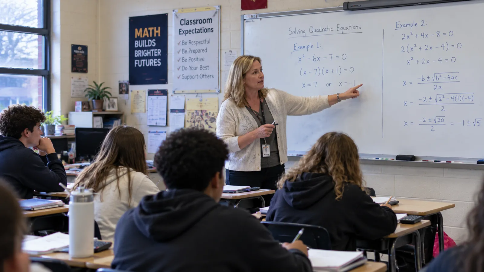 A teacher leads a math lesson in a high school classroom