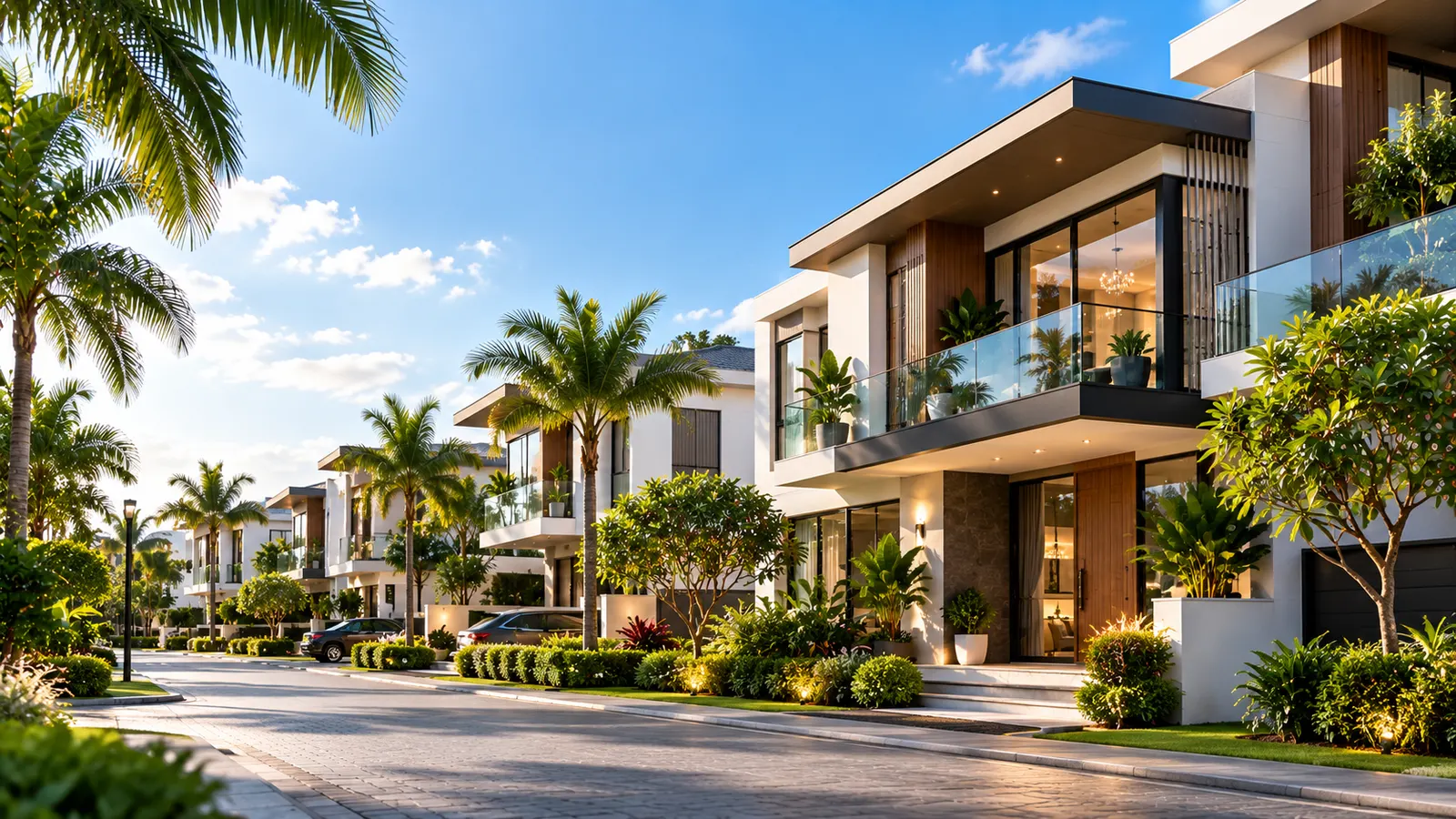 Modern rental homes along a palm-lined street